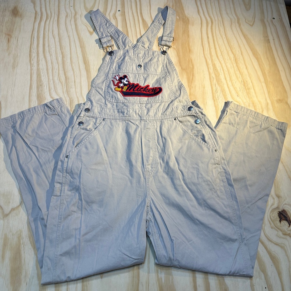 Disney Women's Mickey Mouse Embroidered Denim Overalls Beige Vintage Size M
